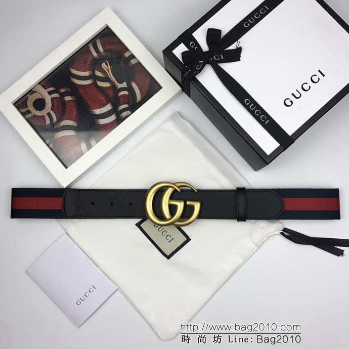 GUCCI古馳 官網潮流款 原單品質 紅綠布原版加厚織帶 409416 復古做舊GG古金扣 男士皮帶  xfp1344